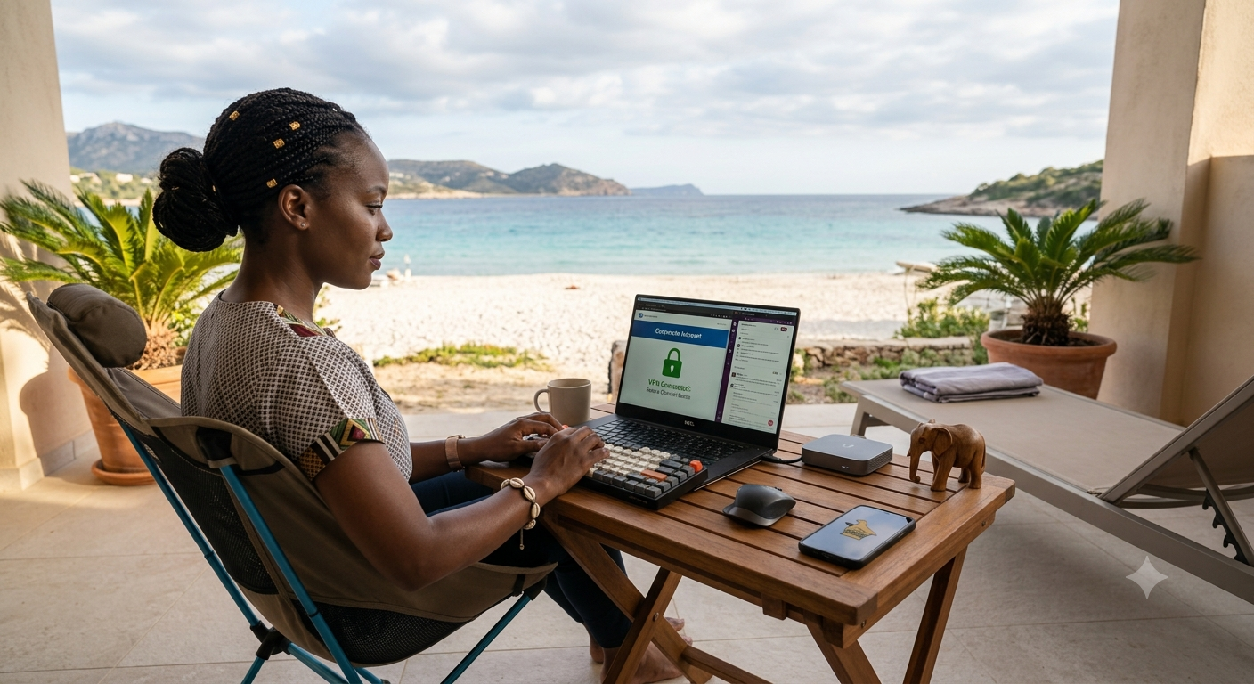 Professional working remotely via secure encrypted VPN connection